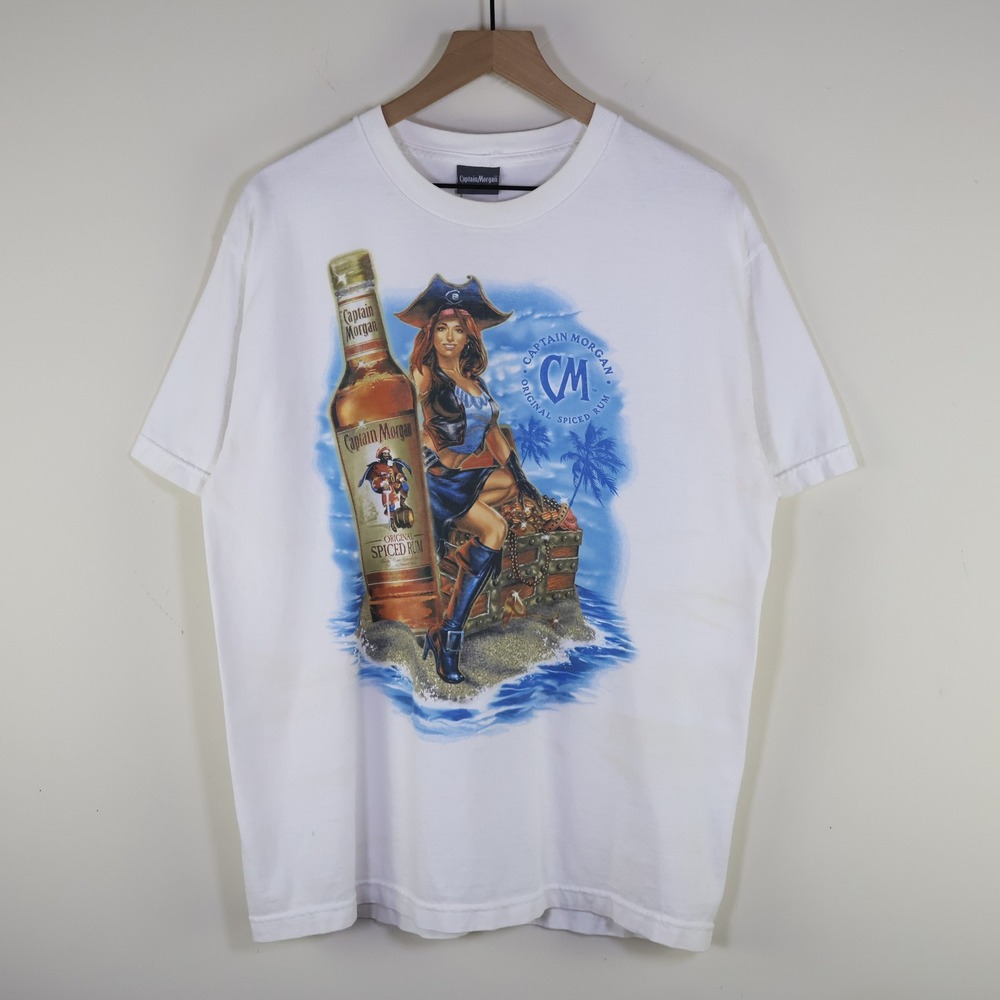 Vintage Y2K Captain‎ Morgan Pirate Woman Graphic T-Shirt Size XL White Cotton